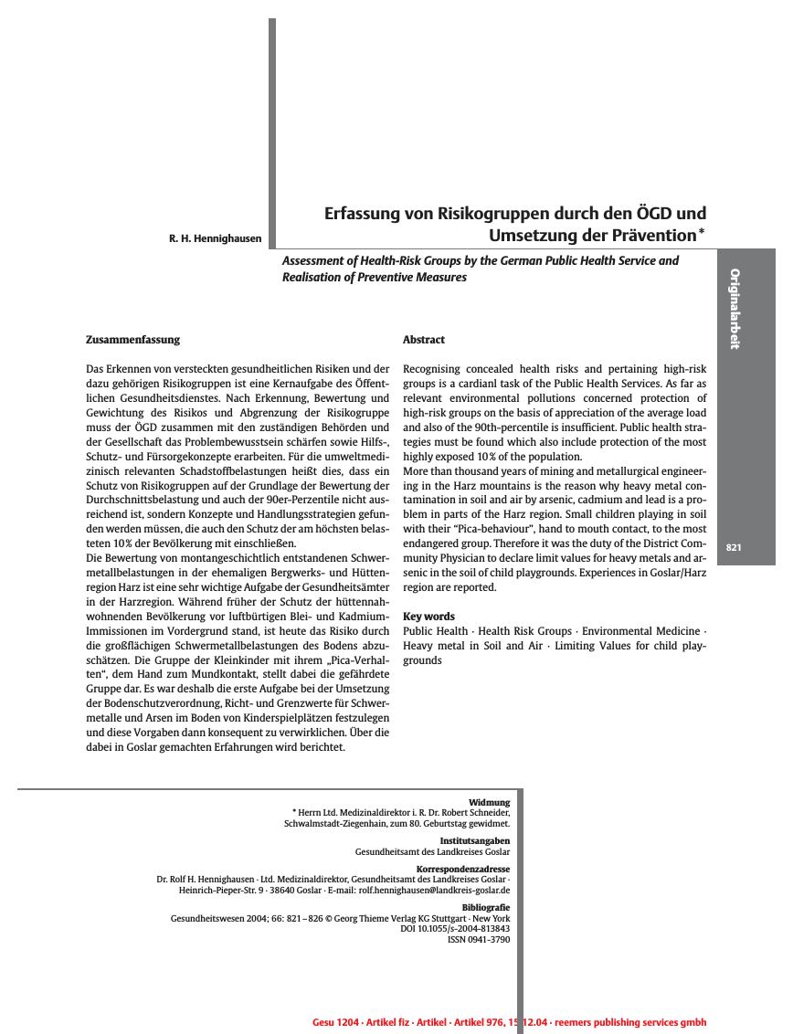Vorschauseite 1: Erfassung von Risikogruppen durch den ÖGD und Umsetzung der Prävention