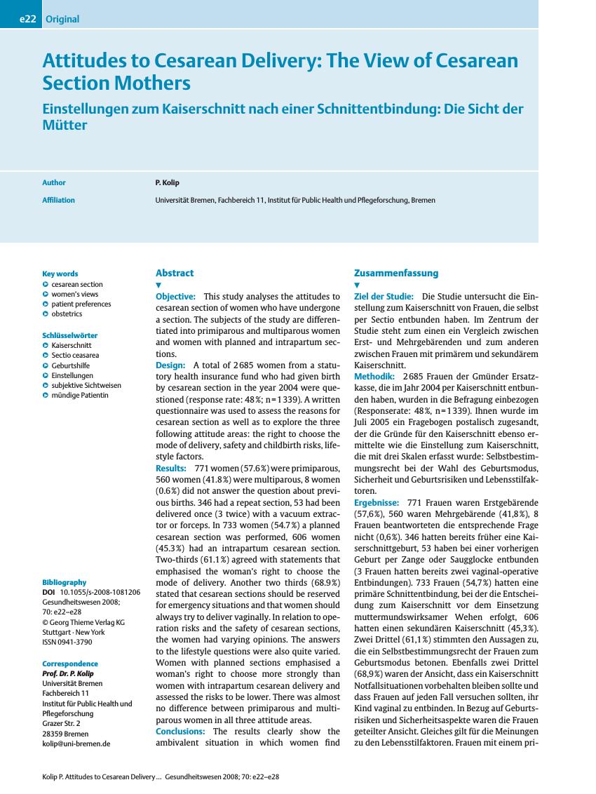 Vorschauseite 1: Attitudes to Cesarean Delivery: The View of Cesarean Section Mothers