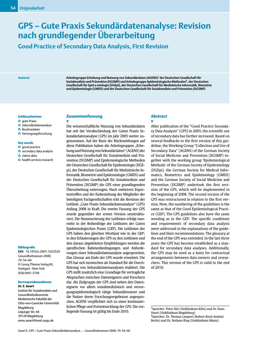Vorschauseite 1: GPS - Gute Praxis Sekundärdatenanalyse: Revision nach grundlegender Überarbeitung