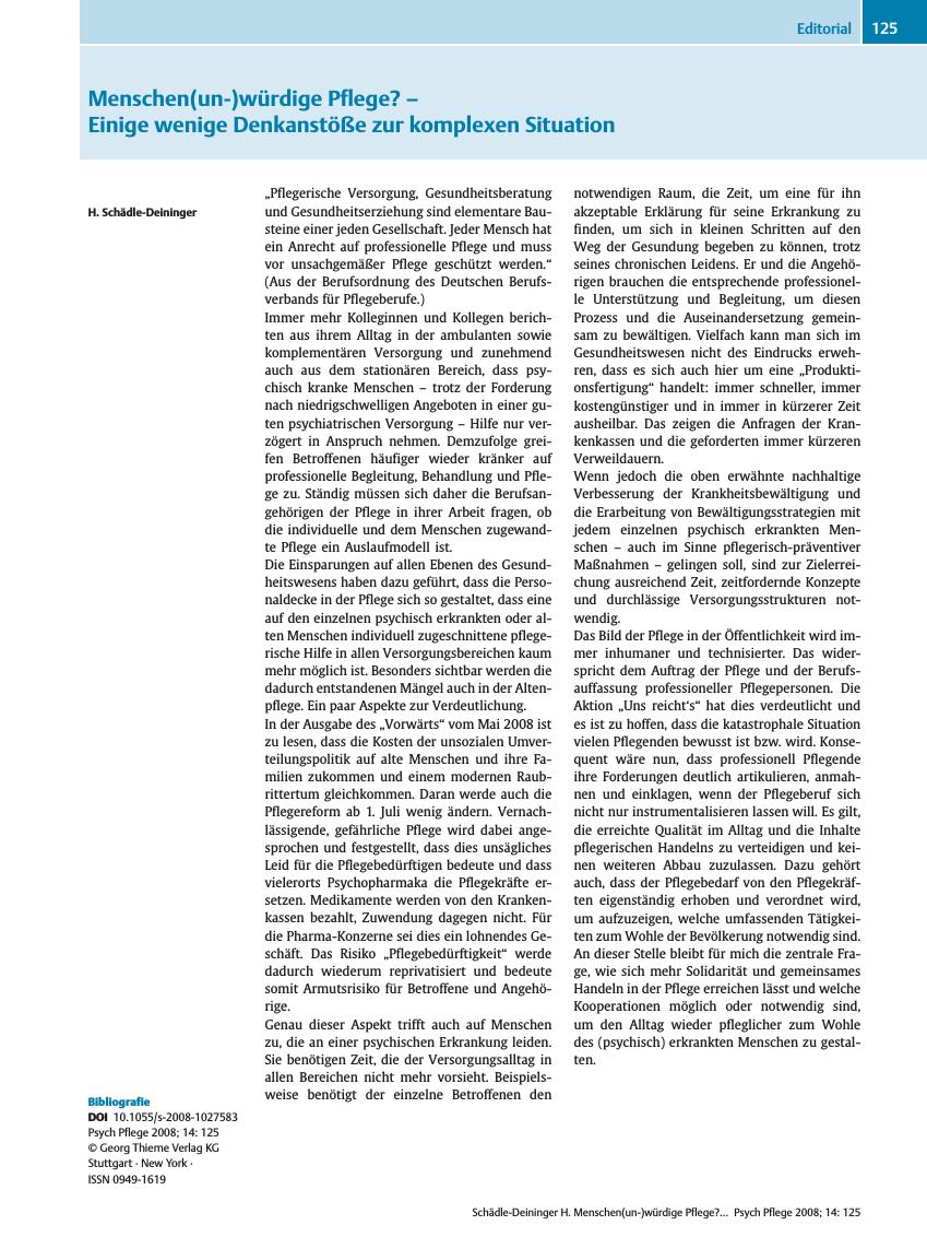 Vorschauseite 1: Menschen(un-)würdige Pflege? - Einige wenige Denkanstöße zur komplexen Situation