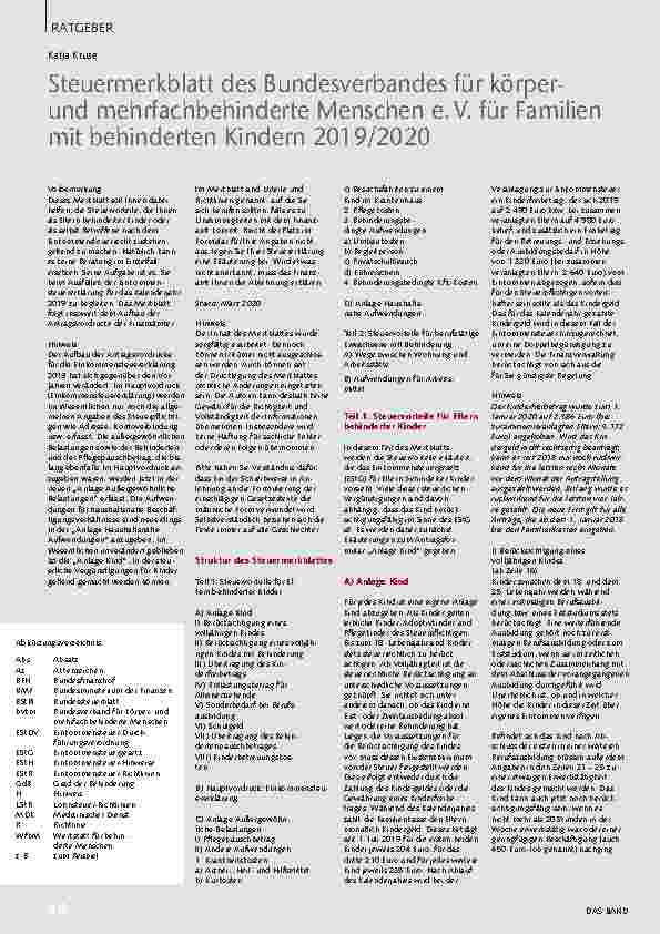 Vorschauseite 1: Steuermerkblatt des Bundesverbandes für körperund mehrfachbehinderte Menschen e. V. für Familien mit behinderten Kindern 2019/2020
