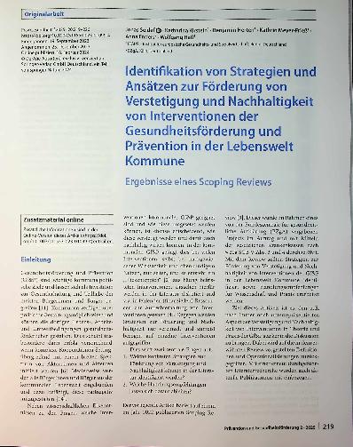 Vorschauseite 1: Identifikation von Strategien und Ansätzen zur Förderung von Verstetigung und Nachhaltigkeit von Interventionen der Gesundheitsförderung und Prävention in der Lebenswelt Kommune