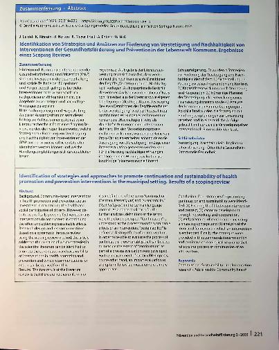 Vorschauseite 3: Identifikation von Strategien und Ansätzen zur Förderung von Verstetigung und Nachhaltigkeit von Interventionen der Gesundheitsförderung und Prävention in der Lebenswelt Kommune