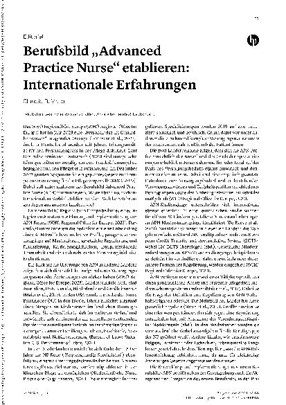Vorschauseite 1: Berufsbild „Advanced Practice Nurse“ etablieren: Internationale Erfahrungen
