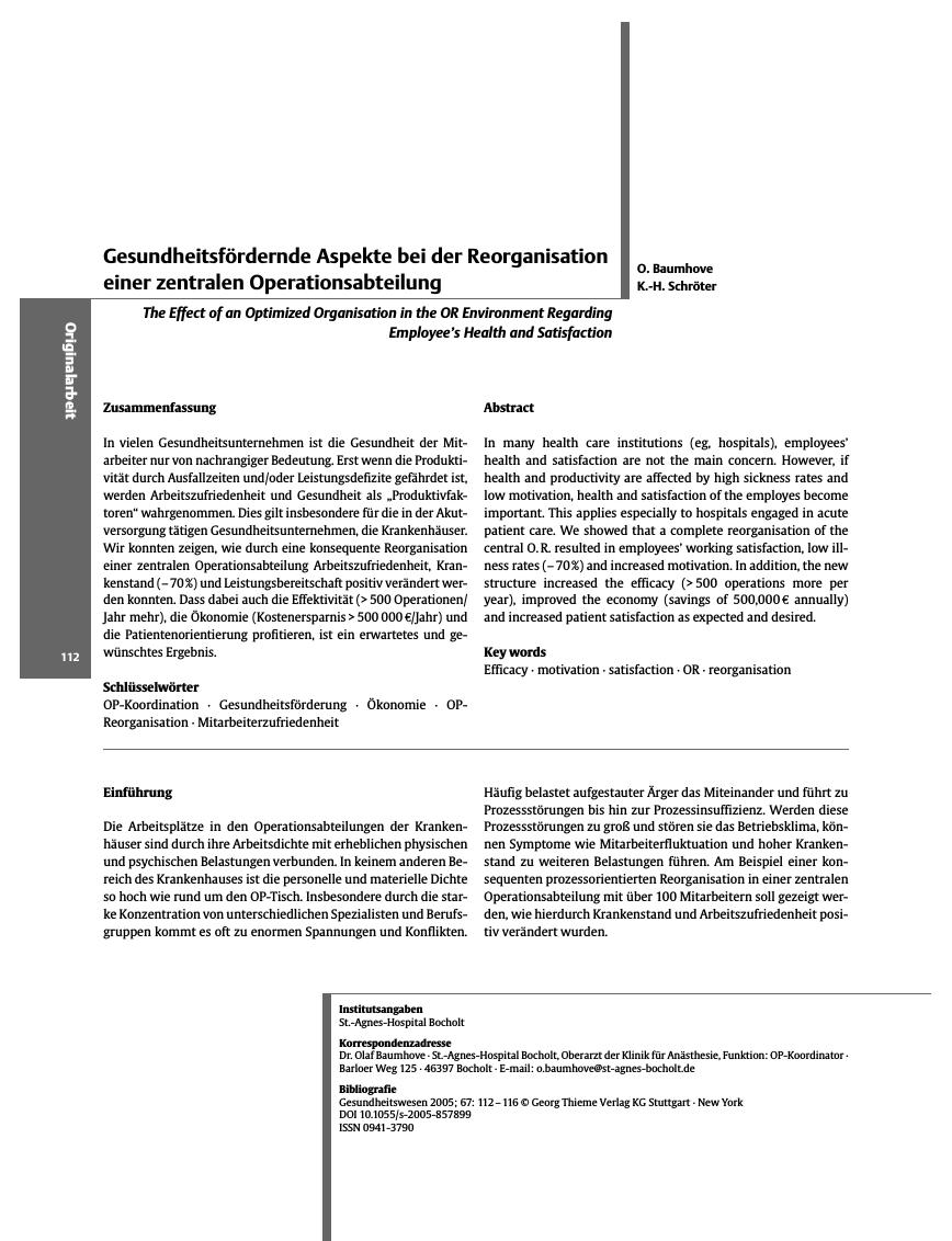 Vorschauseite 1: Gesundheitsfördernde Aspekte bei der Reorganisation einer zentralen Operationsabteilung