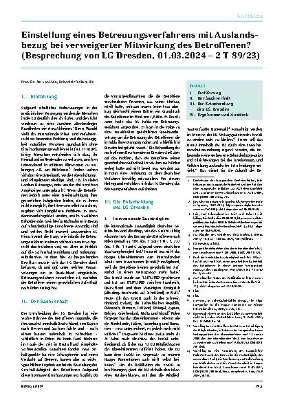 Vorschauseite 1: Einstellung eines Betreuungsverfahrens mit Auslandsbezug bei verweigerter Mitwirkung des Betroffenen?