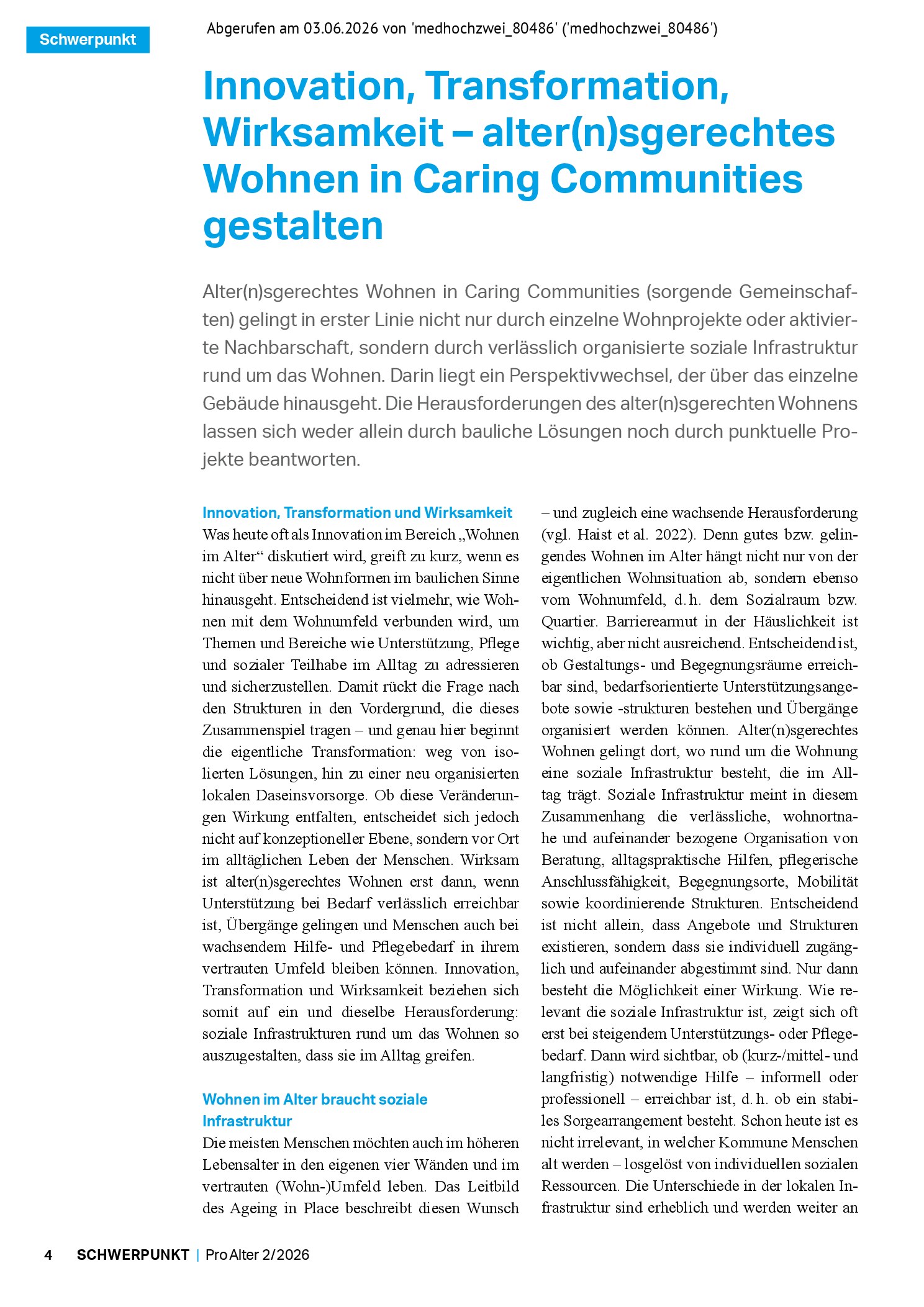 Vorschauseite 1: Innovation, Transformation, Wirksamkeit – alter(n)sgerechtes Wohnen in Caring Communities gestalten