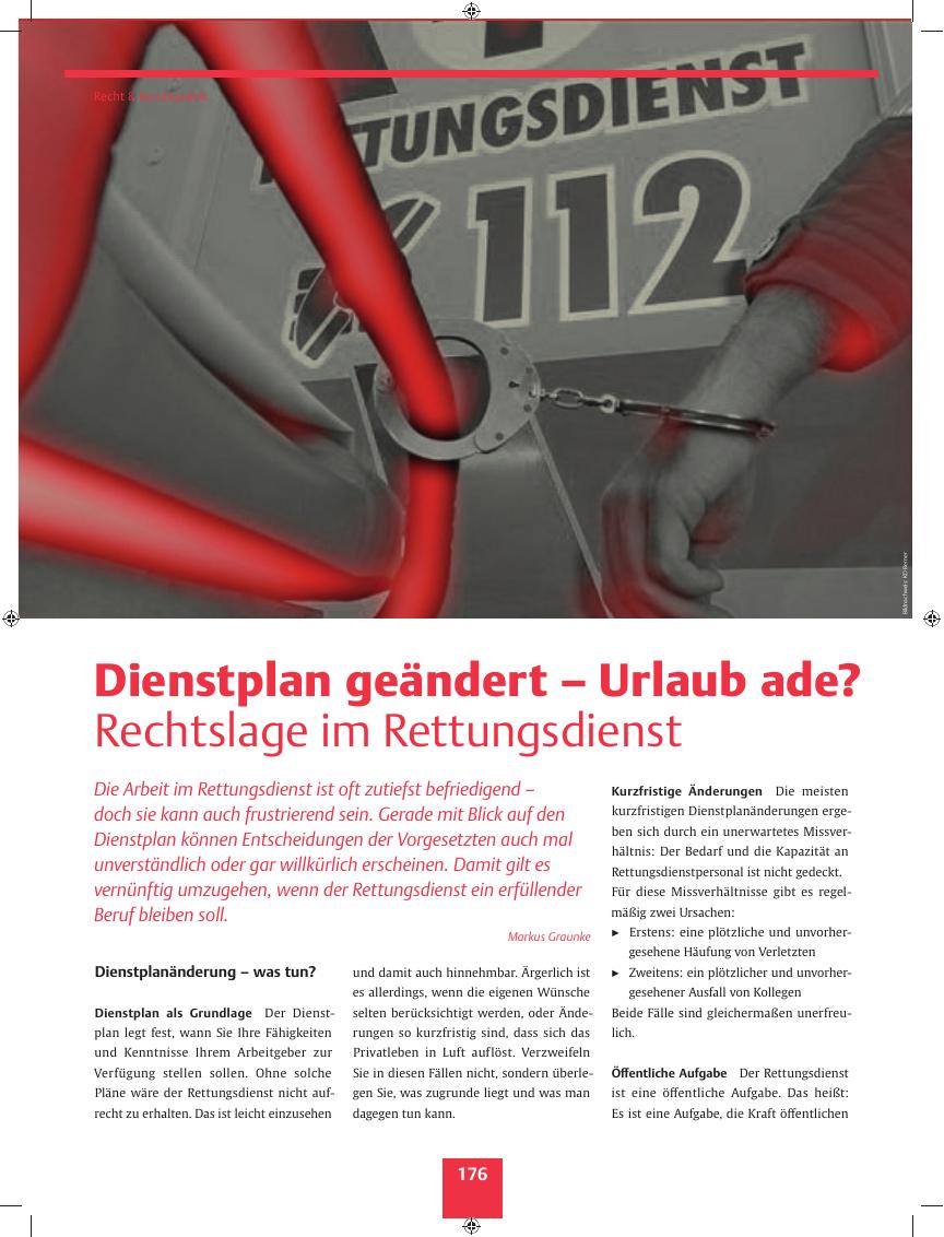 Vorschauseite 1: Dienstplan geändert ? Urlaub ade? ? Rechtslage im Rettungsdienst