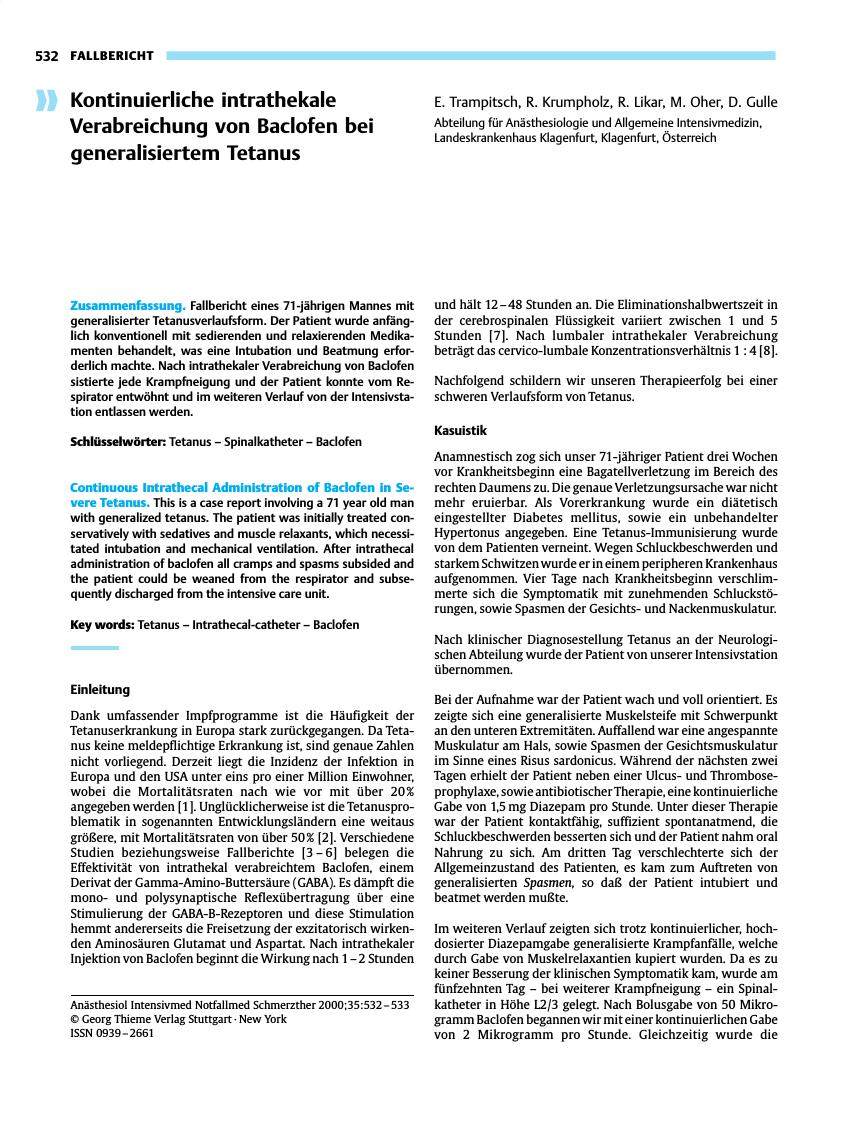 Vorschauseite 1: Kontinuierliche intrathekale Verabreichung von Baclofen bei generalisiertem Tetanus