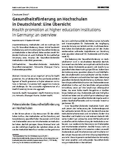 Vorschauseite 1: Gesundheitsförderung an Hochschulen in Deutschland: Eine Übersicht