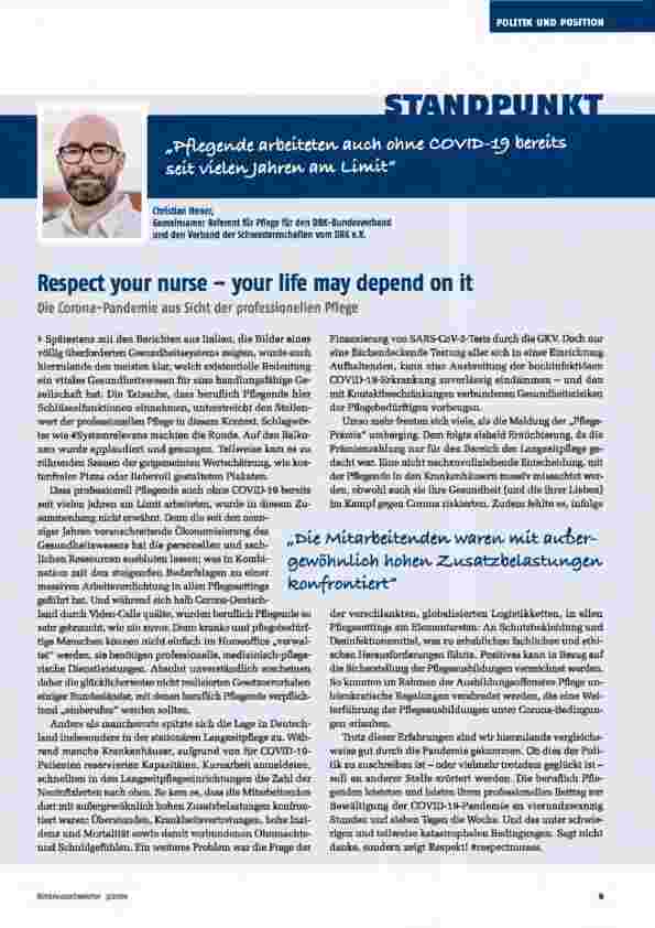 Vorschauseite 1: Respect your nurse - your life may depend on it. Die Corona-Pandemie aus Sicht der professionellen Pflege.