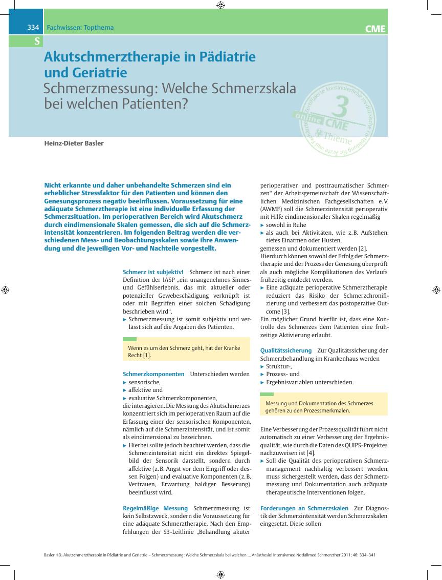 Vorschauseite 1: Akutschmerztherapie in Pädiatrie und Geriatrie – Schmerzmessung: Welche Schmerzskala bei welchen Patienten?