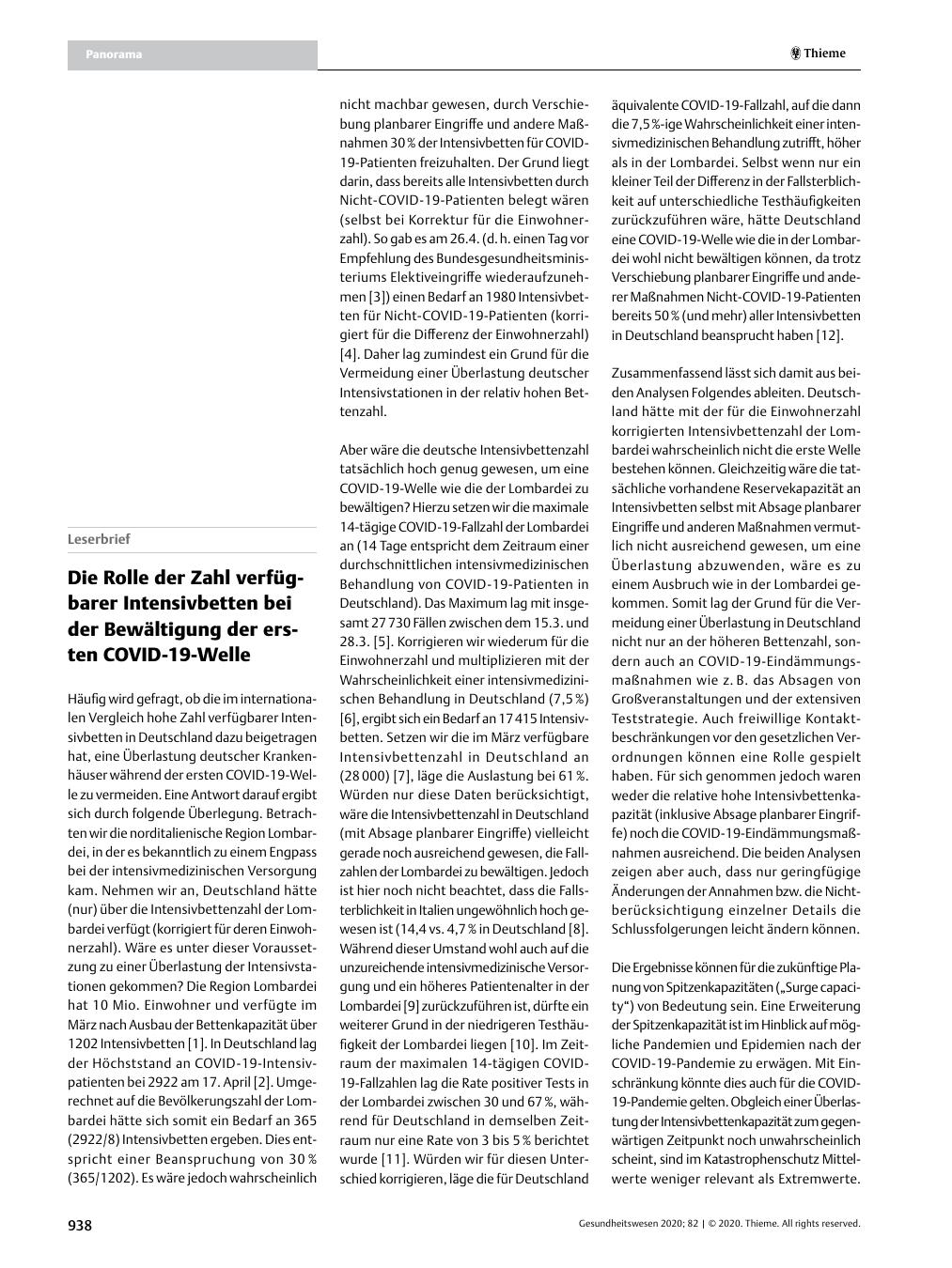 Vorschauseite 1: Die Rolle der Zahl verfügbarer Intensivbetten bei der Bewältigung der ersten COVID-19-Welle