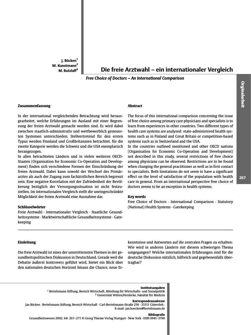Vorschauseite 1: Die freie Arztwahl - ein internationaler Vergleich