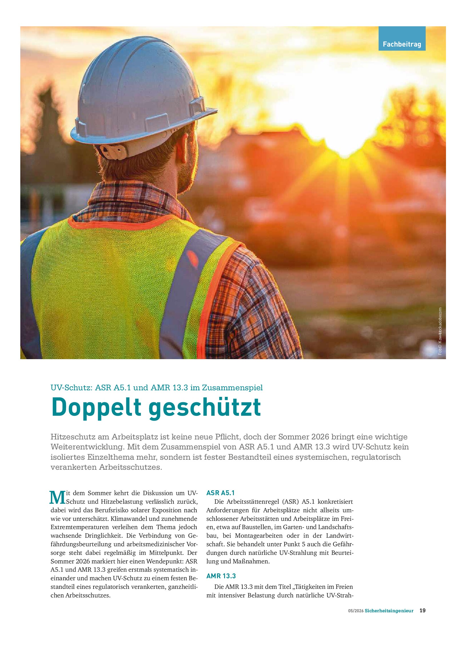 Vorschauseite 1: UV-Schutz: ASR A5.1 und AMR 13.3 im Zusammenspiel. Doppelt geschützt