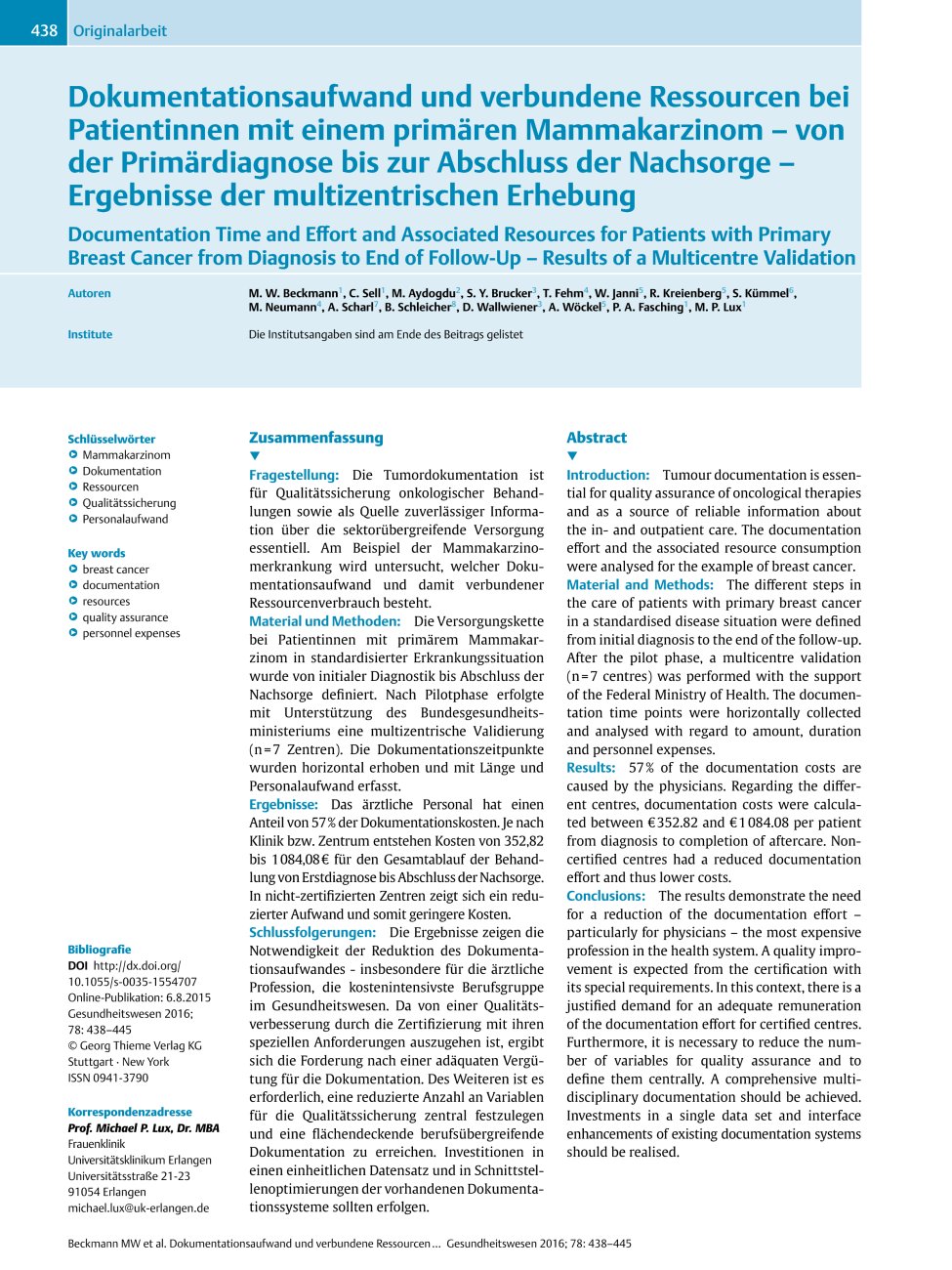 Vorschauseite 1: Dokumentationsaufwand und verbundene Ressourcen bei Patientinnen mit einem primären Mammakarzinom? von der Primärdiagnose bis zur Abschluss der Nachsorge? Ergebnisse der multizent…