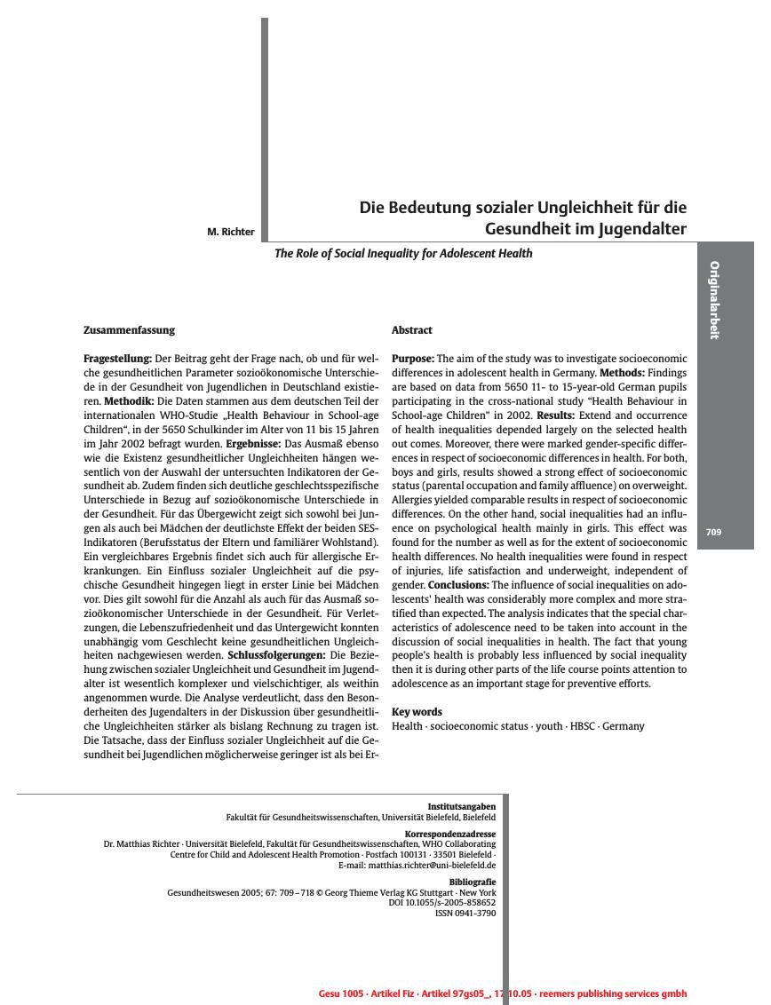 Vorschauseite 1: Die Bedeutung sozialer Ungleichheit für die Gesundheit im Jugendalter