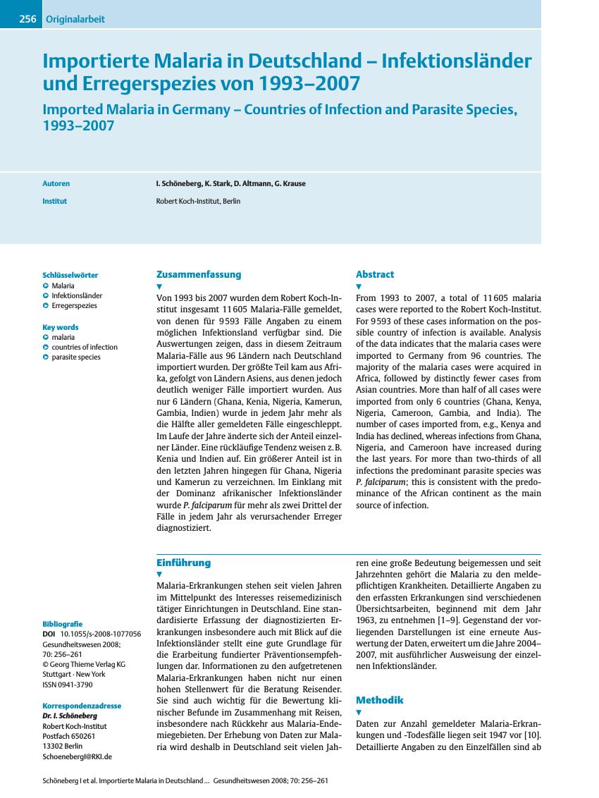 Vorschauseite 1: Importierte Malaria in Deutschland - Infektionsländer und Erregerspezies von 1993-2007