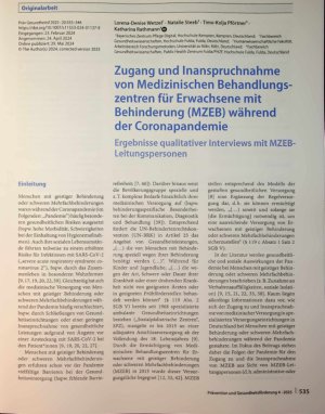 Vorschauseite 1: Zugang und Inanspruchnahme von Medizinischen Behandlungszentren für Erwachsene mit Behinderung (MZEB) während der Coronapandemie