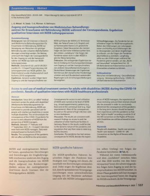 Vorschauseite 3: Zugang und Inanspruchnahme von Medizinischen Behandlungszentren für Erwachsene mit Behinderung (MZEB) während der Coronapandemie