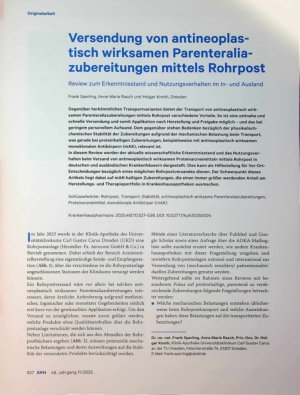 Vorschauseite 1: Versendung von antineoplastisch wirksamen Parenteraliazubereitungen mittels Rohrpost