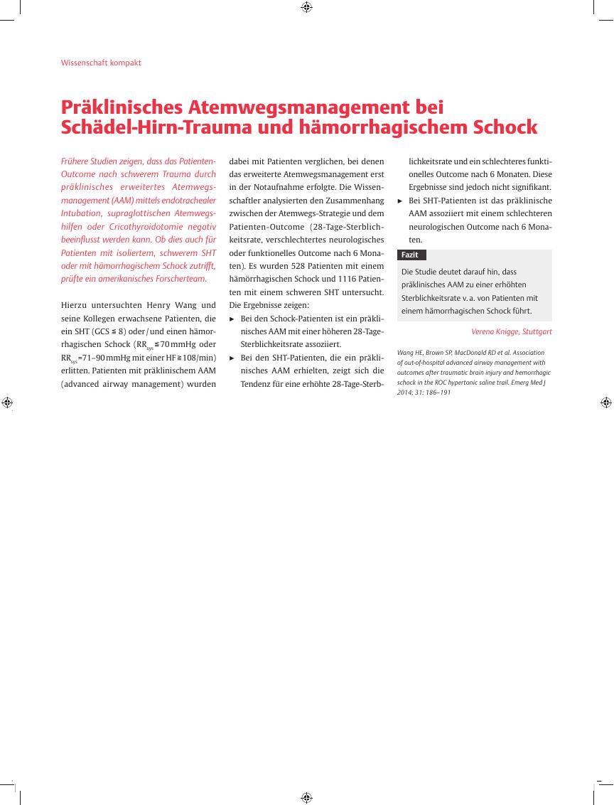 Vorschauseite 1: Präklinisches Atemwegsmanagement bei Schädel-Hirn-Trauma und hämorrhagischem Schock