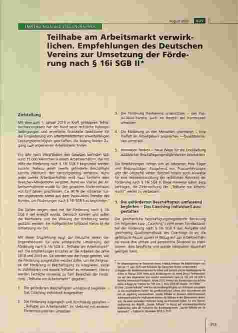 Vorschauseite 1: Teilhabe am Arbeitsmarkt verwirklichen. Empfehlungen des Deutschen Vereins zur Umsetzung der Förderung nach § 16i SGB II.