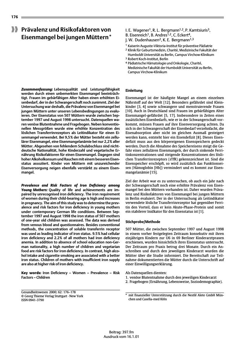 Vorschauseite 1: Prävalenz und Risikofaktoren von Eisenmangel bei jungen Müttern*