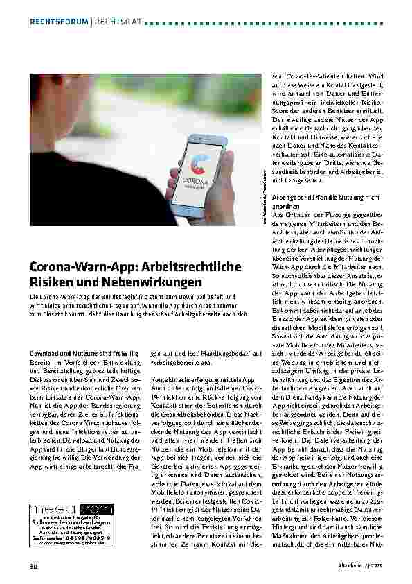 Vorschauseite 1: Corona-Warn-App: Arbeitsrechtliche Risiken und Nebenwirkungen