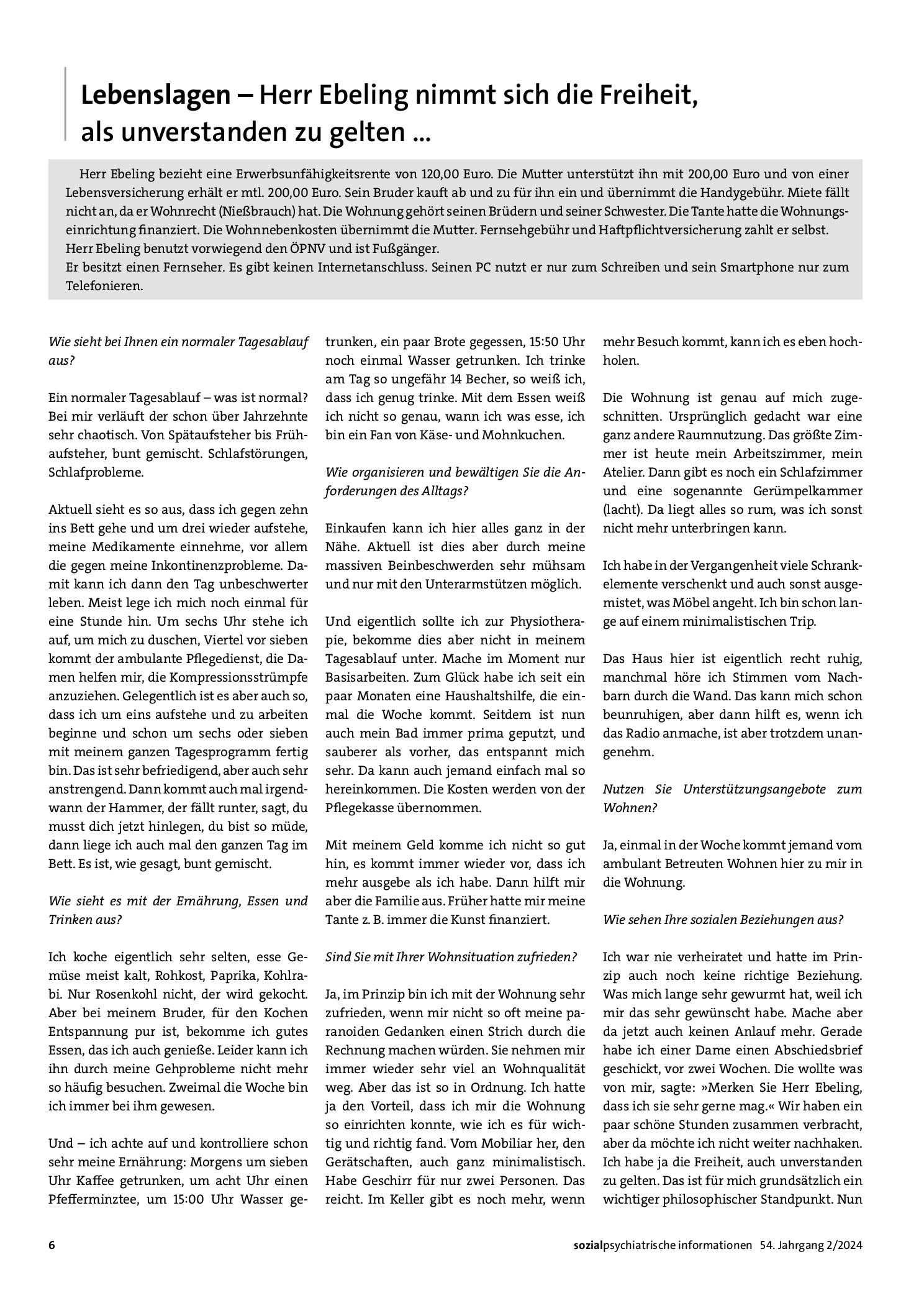 Vorschauseite 1: Lebenslagen – Herr Ebeling nimmt sich die Freiheit, als unverstanden zu gelten.