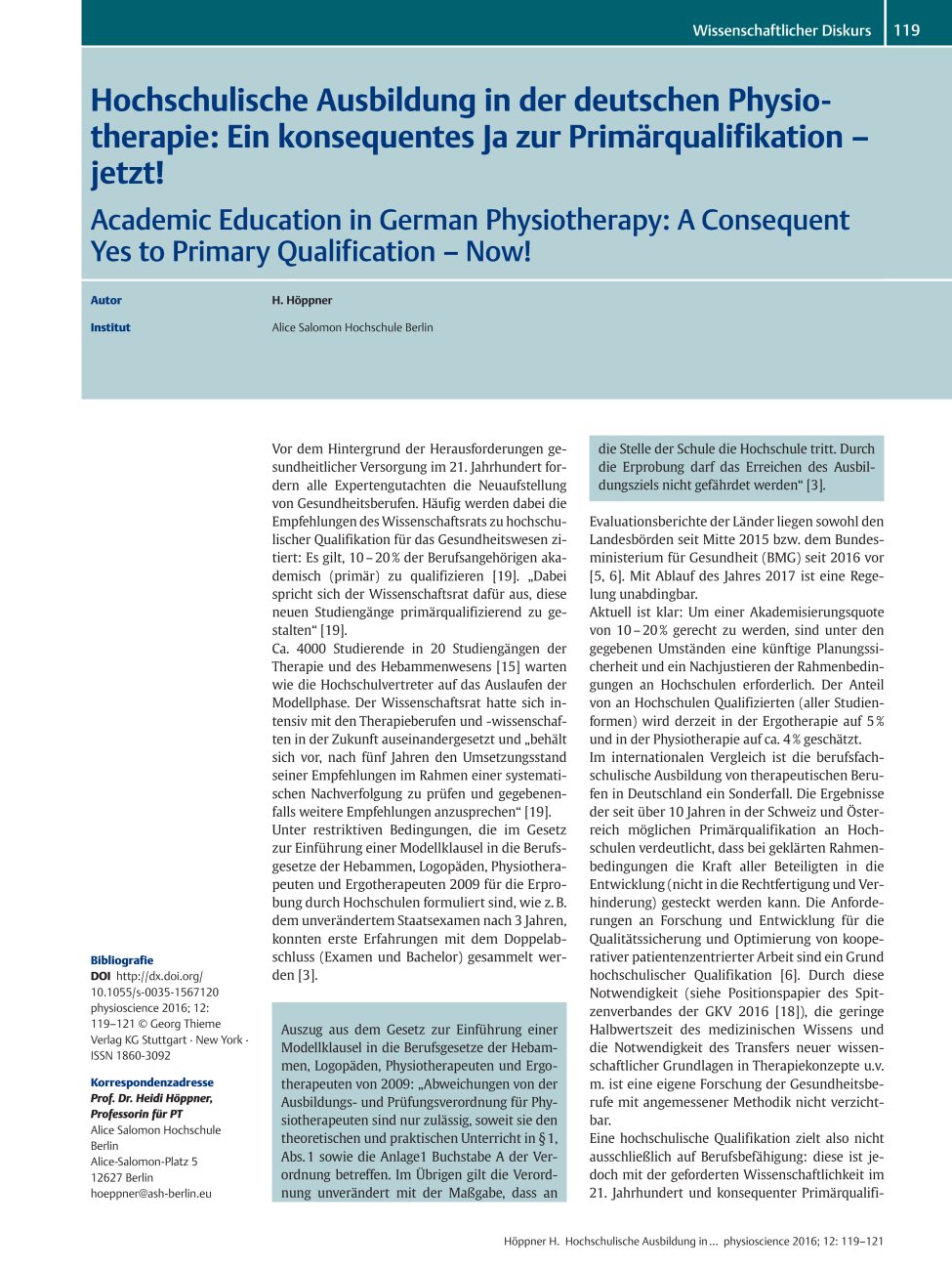 Vorschauseite 1: Hochschulische Ausbildung in der deutschen Physiotherapie: Ein konsequentes Ja zur Primärqualifikation – jetzt!