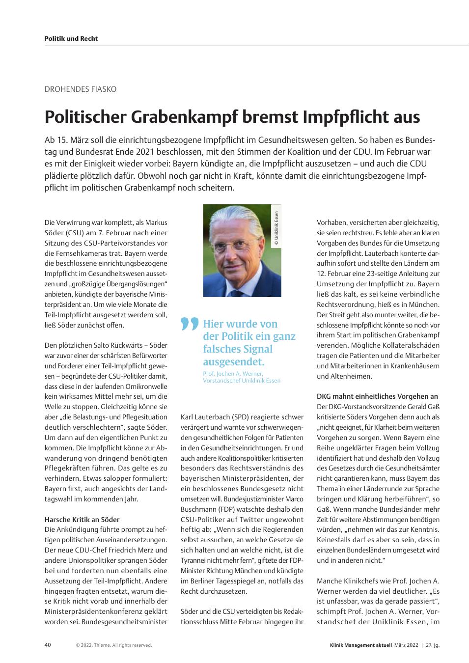 Vorschauseite 1: Drohendes Fiasko: Politischer Grabenkampf bremst Impfpflicht aus