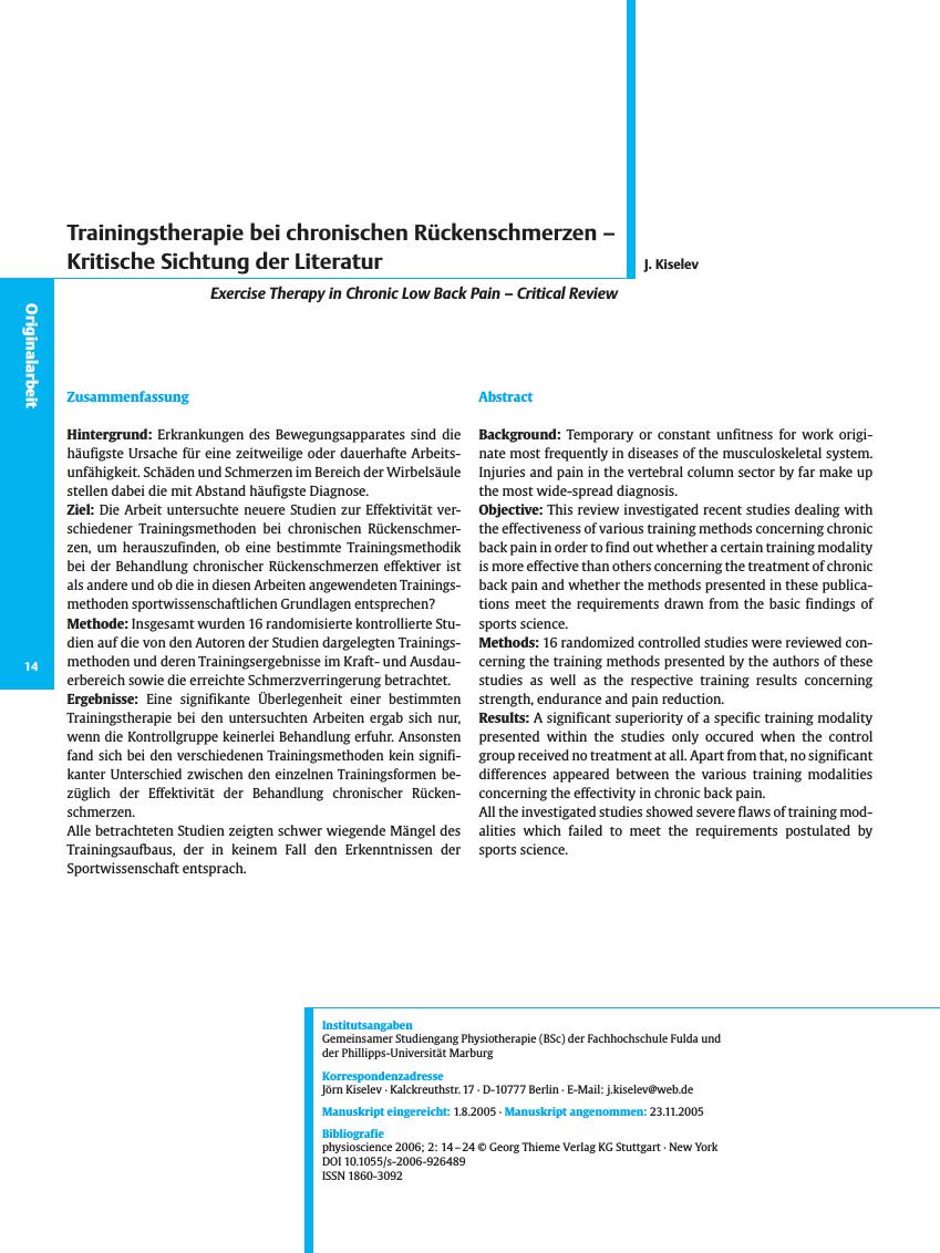 Vorschauseite 1: Trainingstherapie bei chronischen Rückenschmerzen - Kritische Sichtung der Literatur