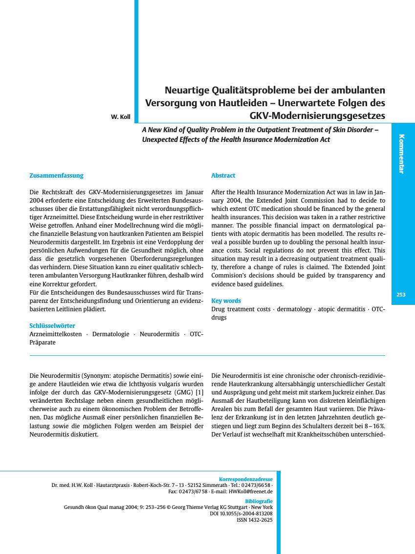 Vorschauseite 1: Neuartige Qualitätsprobleme bei der ambulanten Versorgung von Hautleiden - Unerwartete Folgen des GKV-Modernisierungsgesetzes