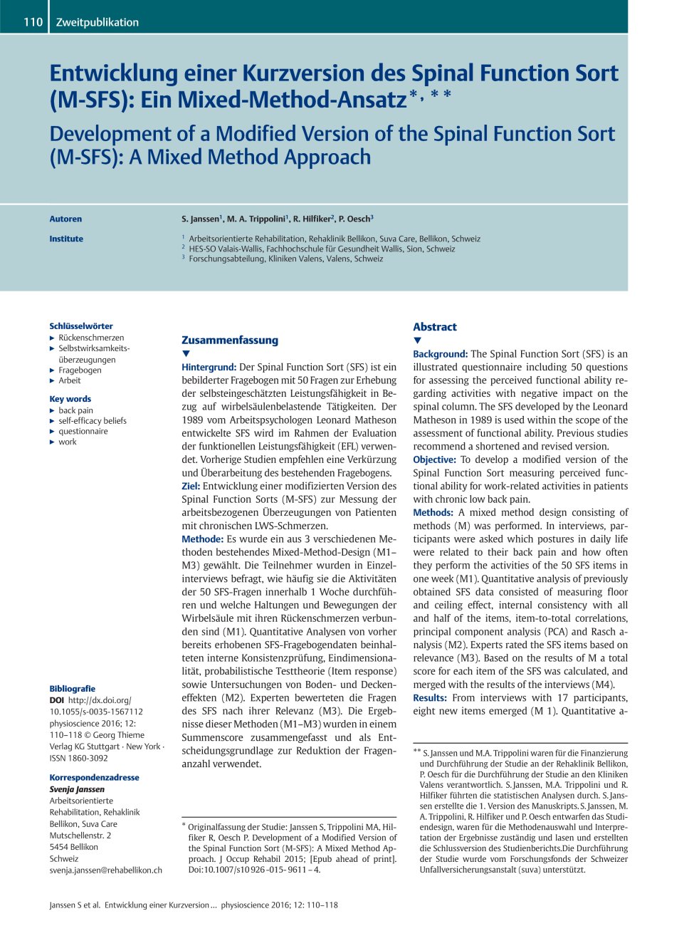 Vorschauseite 1: Entwicklung einer Kurzversion des Spinal Function Sort (M-SFS): Ein Mixed-Method-Ansatz,