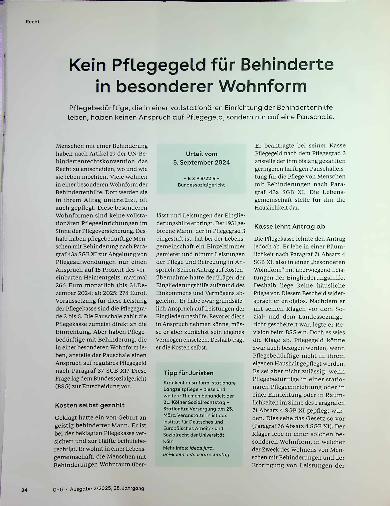 Vorschauseite 1: Kein Pflegegeld für Behinderte in besonderer Wohnform