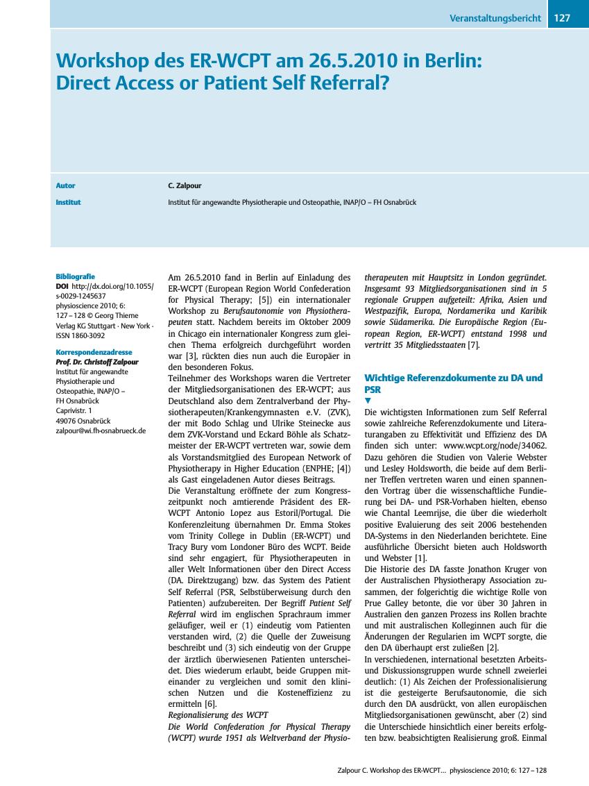 Vorschauseite 1: Workshop des ER-WCPT am 26.5.2010 in Berlin: Direct Access or Patient Self Referral?