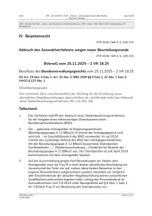 Vorschauseite 1: IV. Beamtenrecht. Abbruch des Auswahlverfahrens wegen neuer Beurteilungsrunde