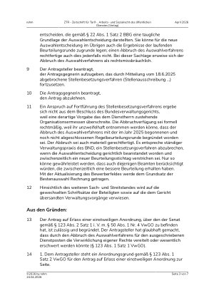 Vorschauseite 3: IV. Beamtenrecht. Abbruch des Auswahlverfahrens wegen neuer Beurteilungsrunde