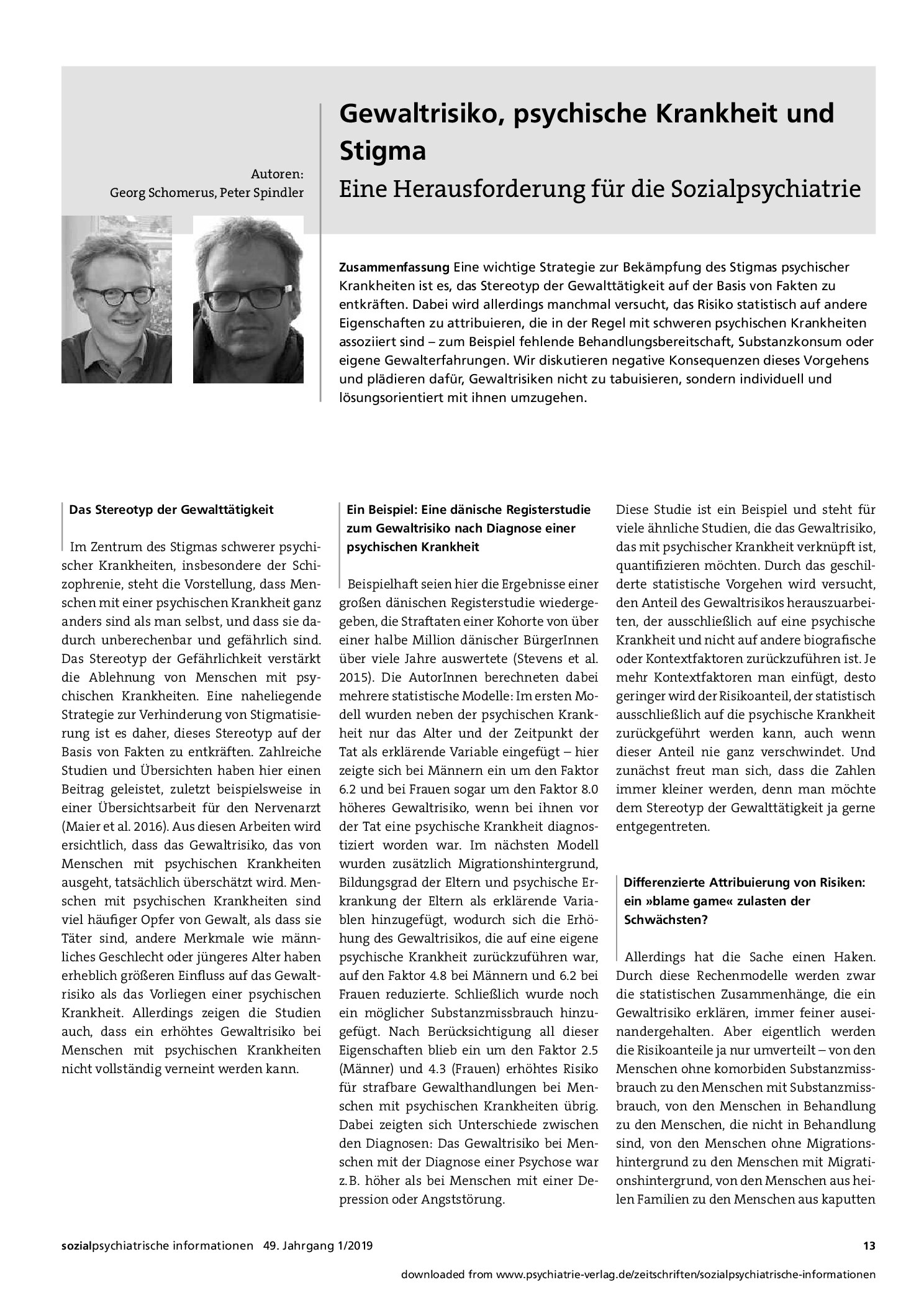 Vorschauseite 1: Gewaltrisiko, psychische Krankheit und Stigma: Eine Herausforderung für die Sozialpsychiatrie