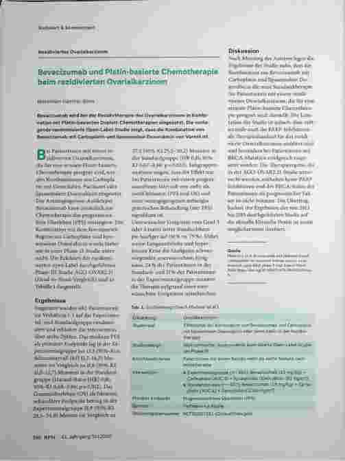 Vorschauseite 1: Rezidiviertes Ovarialkarzinom: Bevacizumab und Platin-basierte Chemotherapie beim rezidivierten Ovarialkarzinom