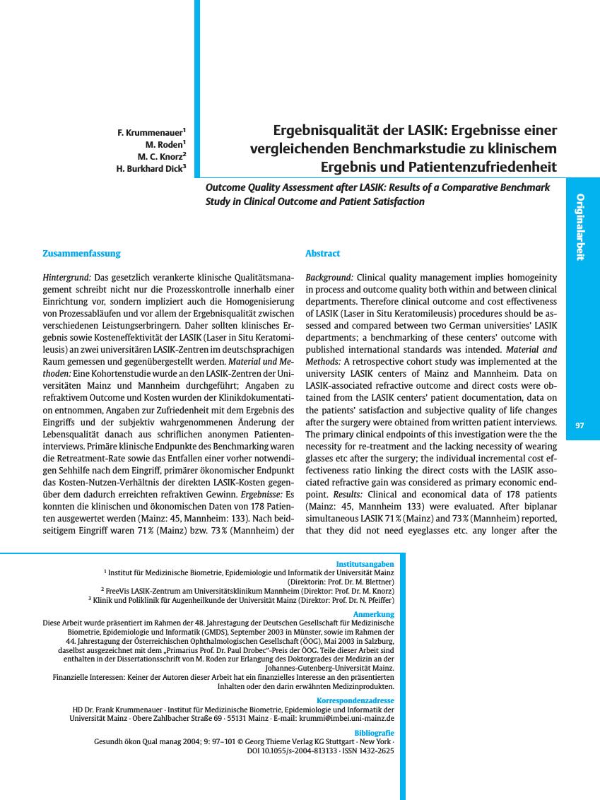 Vorschauseite 1: Ergebnisqualität der LASIK: Ergebnisse einer vergleichenden Benchmarkstudie zu klinischem Ergebnis und Patientenzufriedenheit