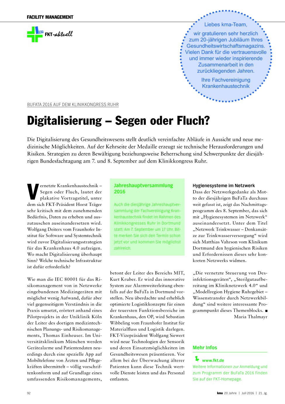 Vorschauseite 1: BuFaTa 2016 auf dem Klinikkongress Ruhr: Digitalisierung ? Segen oder Fluch?