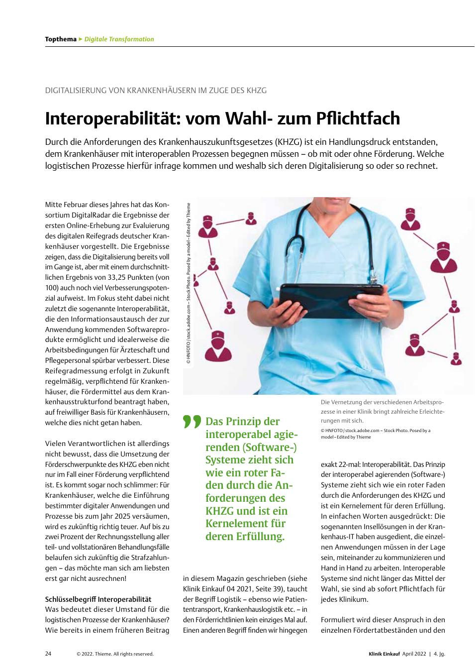 Vorschauseite 1: Digitalisierung von Krankenhäusern im Zuge der KHZG: Interoperabilität: vom Wahlzum Pflichtfach