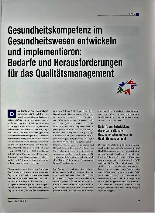 Vorschauseite 1: Gesundheitskompetenz im Gesundheitswesen entwickeln und implementieren: Wichtige Bedarfe und Herausforderungen für das Qualitätsmanagement