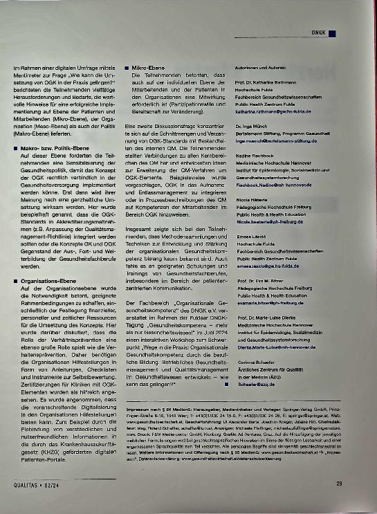 Vorschauseite 3: Gesundheitskompetenz im Gesundheitswesen entwickeln und implementieren: Wichtige Bedarfe und Herausforderungen für das Qualitätsmanagement