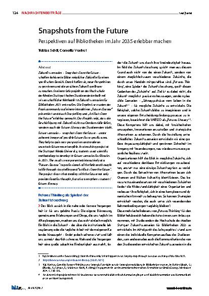 Vorschauseite 1: Snapshots from the Future Perspektiven auf Bibliotheken im Jahr 2035 erlebbar machen