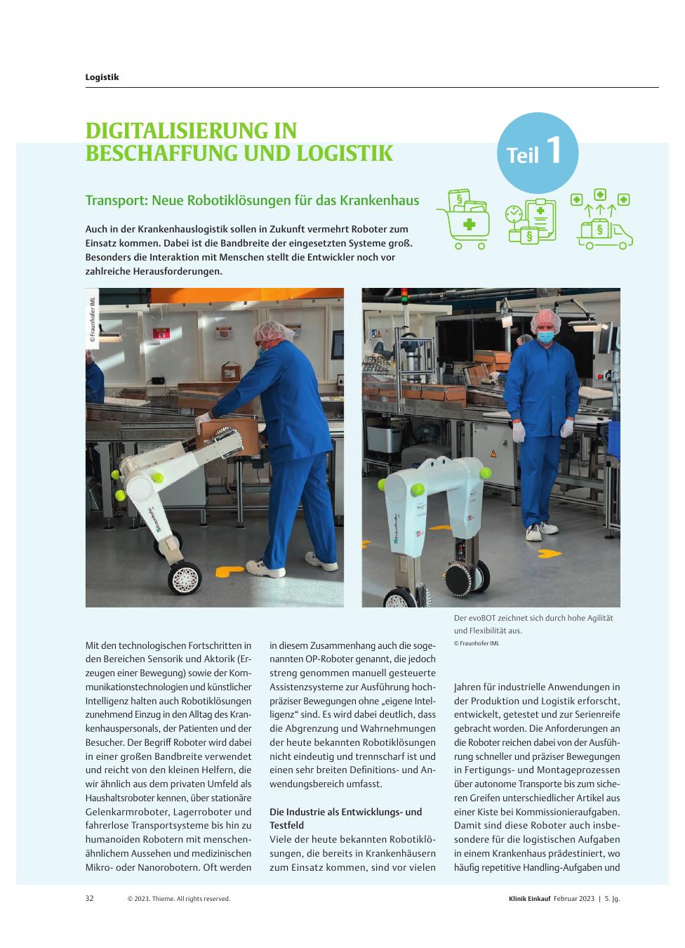 Vorschauseite 1: Serie: Digitalisierung in Beschaffung und Logistik (Teil 1/6): Transport: Neue Robotiklösungen für das Krankenhaus