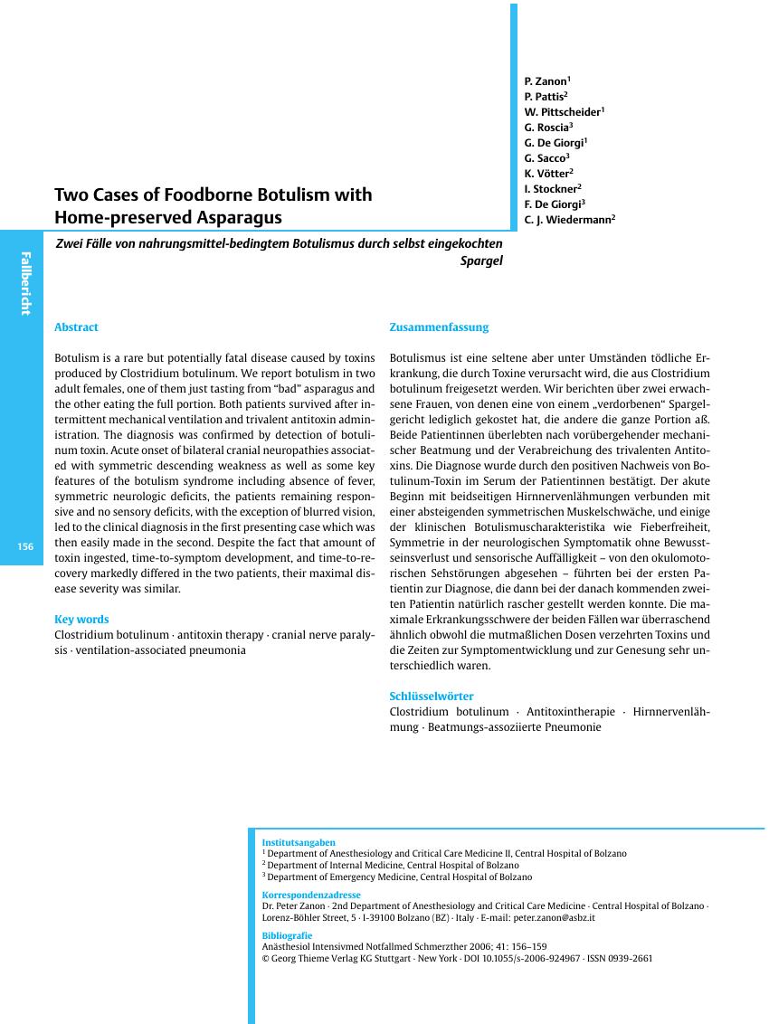 Vorschauseite 1: Two Cases of Foodborne Botulism with Home-preserved Asparagus