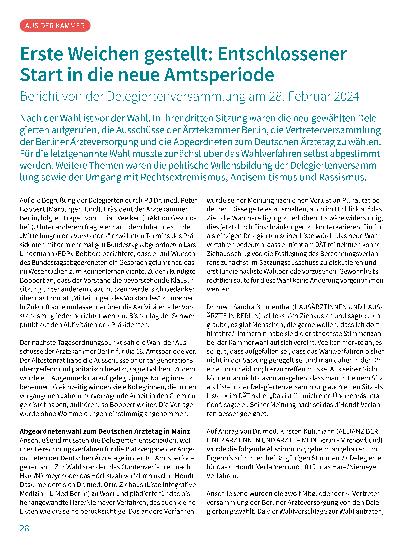 Vorschauseite 1: Erste Weichen gestellt: Entschlossener Start in die neue Amtsperiode. Bericht von der Delegiertenversammlung am 28. Februar 2024.